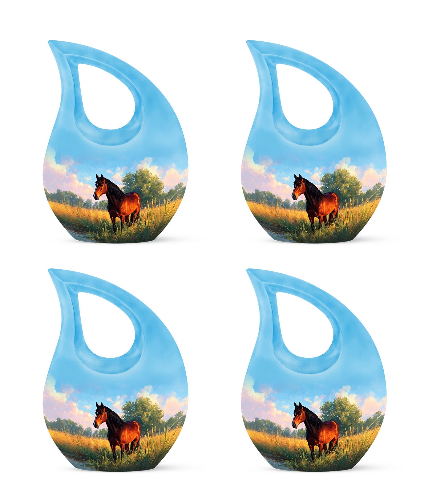 Dusty Blue Horse Cremation Urn lifestyle display on memorial shelf - sacred cross merged with horse motif on metal - 10 inch aluminum urn for cremated remains