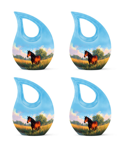 Dusty Blue Horse Cremation Urn lifestyle display on memorial shelf - sacred cross merged with horse motif on metal - 10 inch aluminum urn for cremated remains