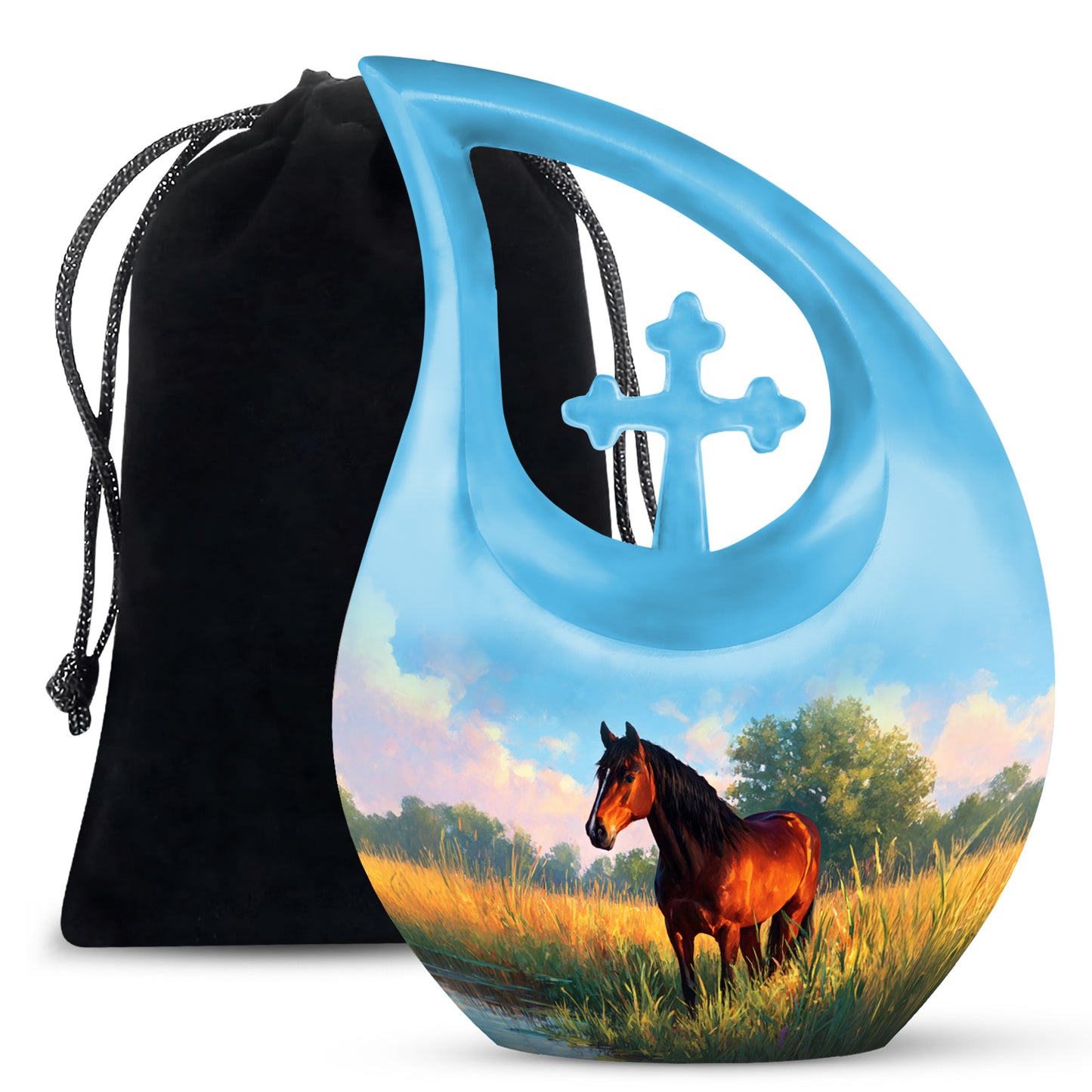 Steel Blue Horse Cremation Urn top-down view of secure threaded lid - devotional cross-drop horse engraving - full-size 10 inch 200 cubic inch adult cremation urn