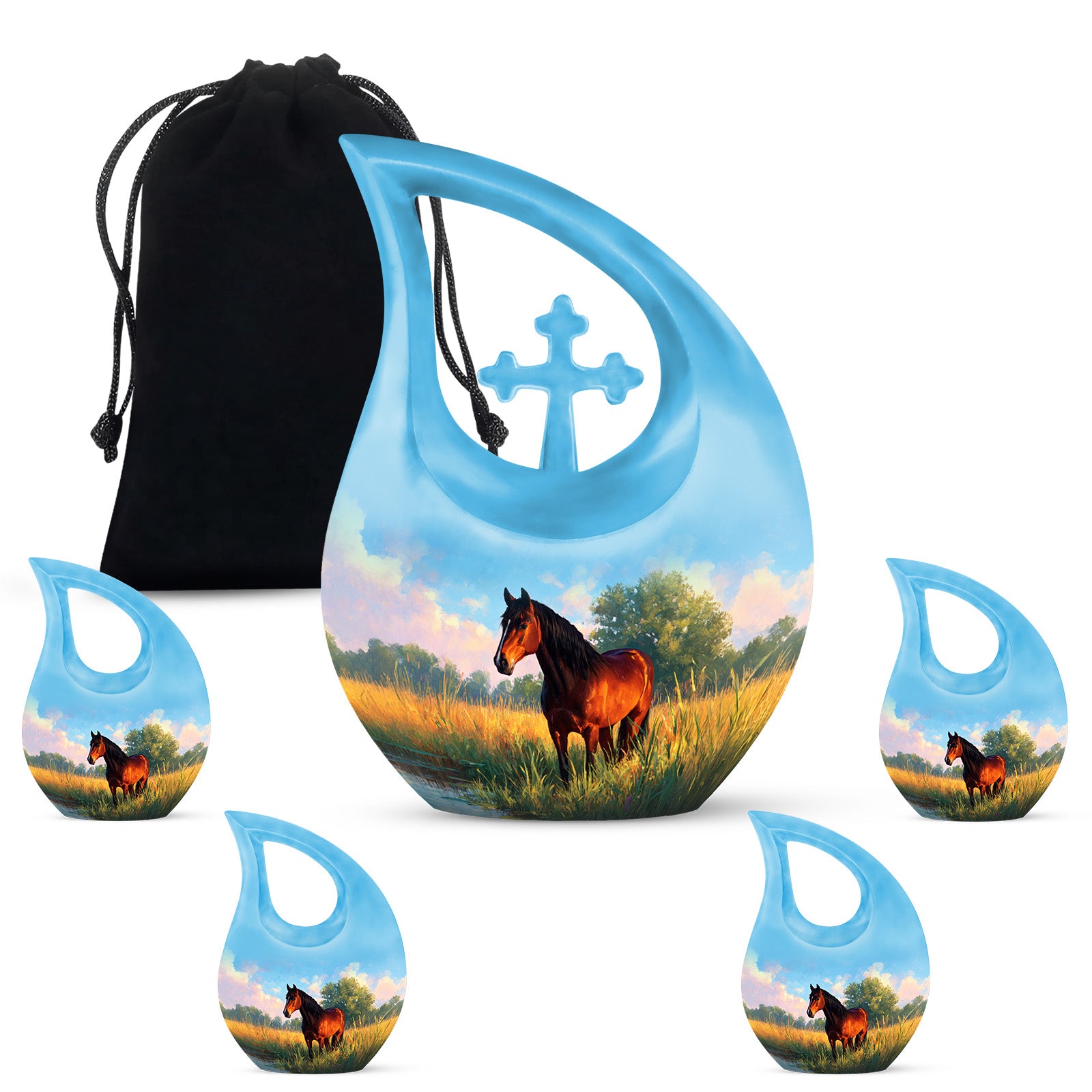 Cobalt Blue Horse Cremation Urn urn with complimentary velvet bag - devotional cross-drop horse engraving - memorial set with one large and four small urns