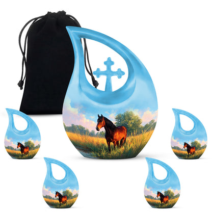 Cobalt Blue Horse Cremation Urn urn with complimentary velvet bag - devotional cross-drop horse engraving - memorial set with one large and four small urns