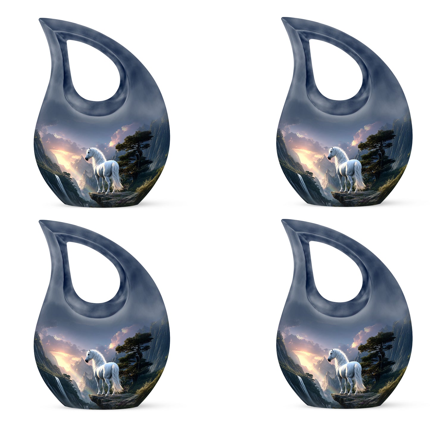 Royal Blue Horse Cremation Urn lifestyle display on memorial shelf - faith-inspired cross-drop urn with horse pattern - 10 inch aluminum urn for cremated remains