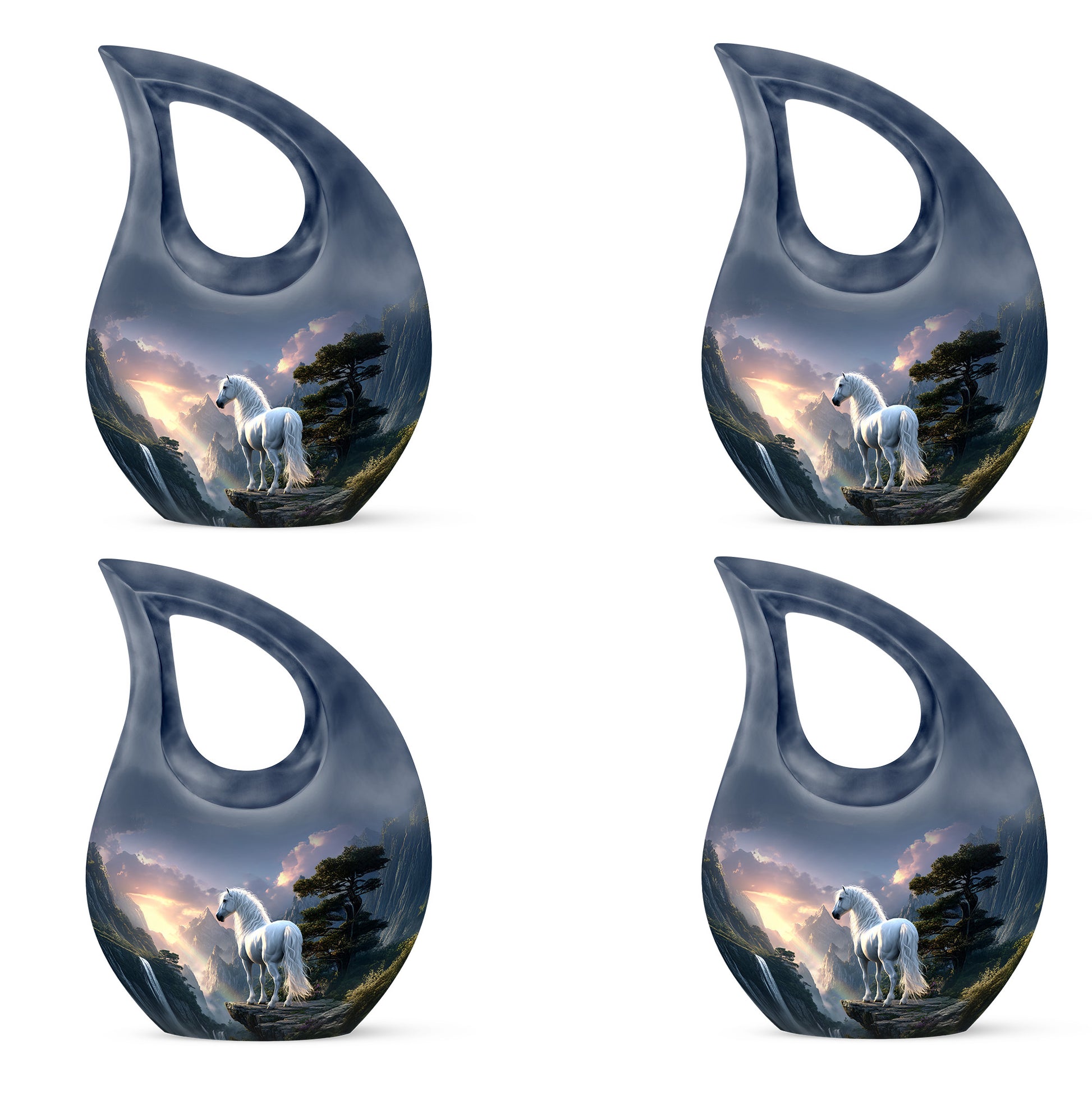 Royal Blue Horse Cremation Urn lifestyle display on memorial shelf - faith-inspired cross-drop urn with horse pattern - 10 inch aluminum urn for cremated remains