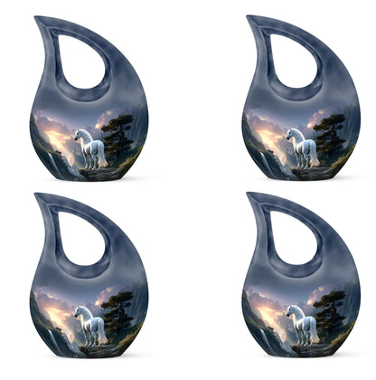 Royal Blue Horse Cremation Urn lifestyle display on memorial shelf - faith-inspired cross-drop urn with horse pattern - 10 inch aluminum urn for cremated remains