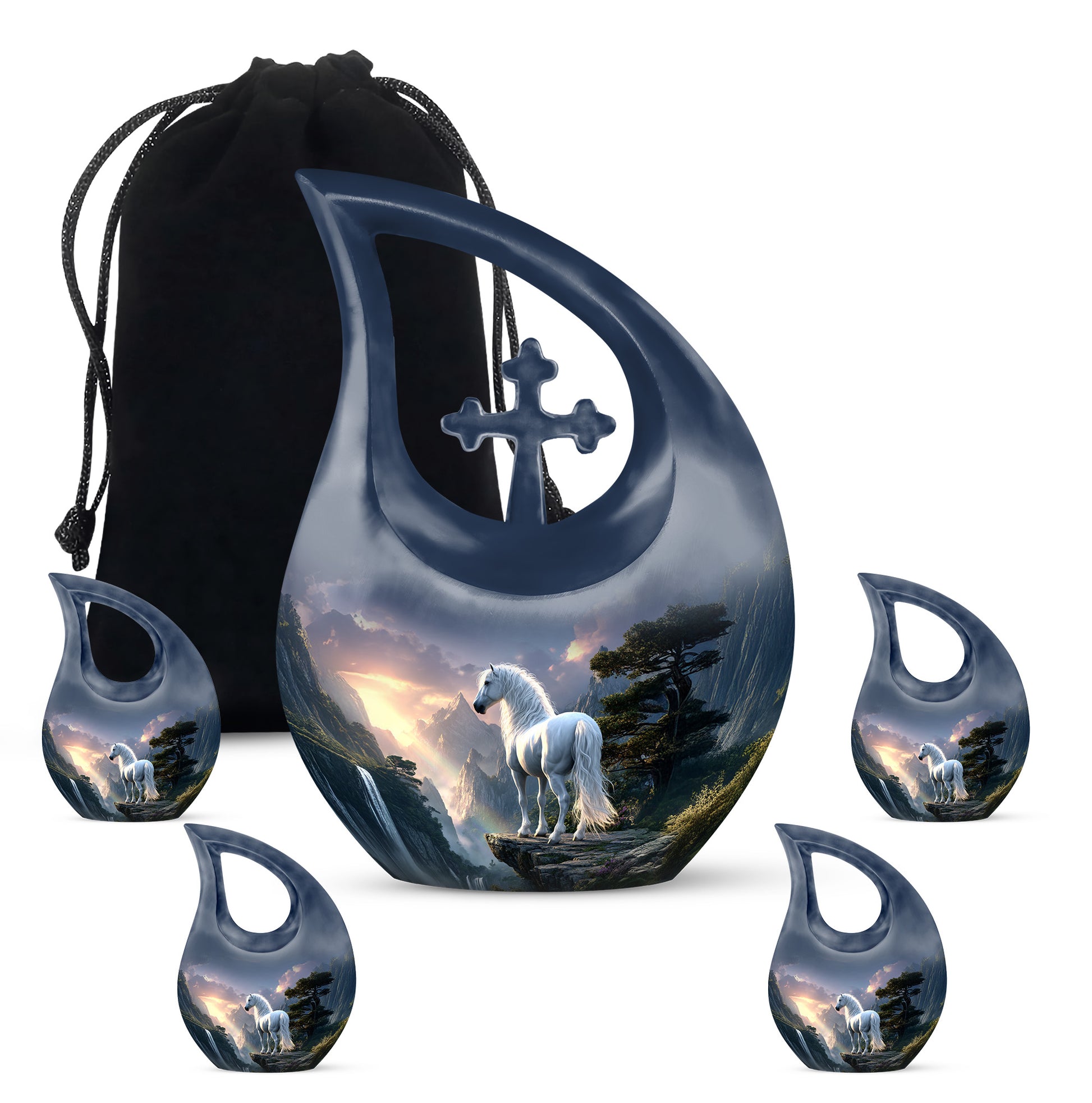 Indigo Horse Cremation Urn urn with complimentary velvet bag - sacred cross merged with horse motif on metal - memorial set with one large and four small urns