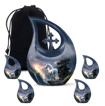 Indigo Horse Cremation Urn urn with complimentary velvet bag - sacred cross merged with horse motif on metal - memorial set with one large and four small urns