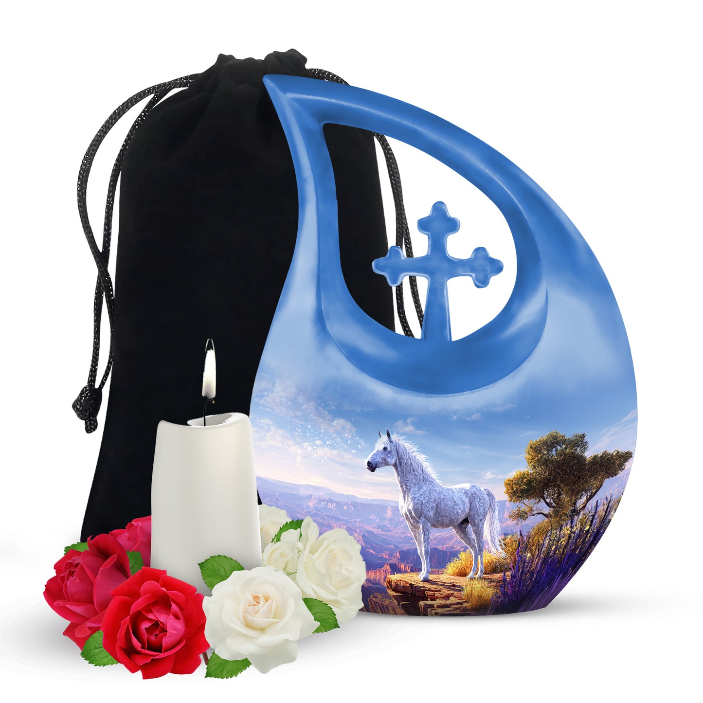 Azure Horse Cremation Urn top-down view of secure threaded lid - cross and horse combined in spiritual memorial design - full-size 10 inch 200 cubic inch adult cremation urn