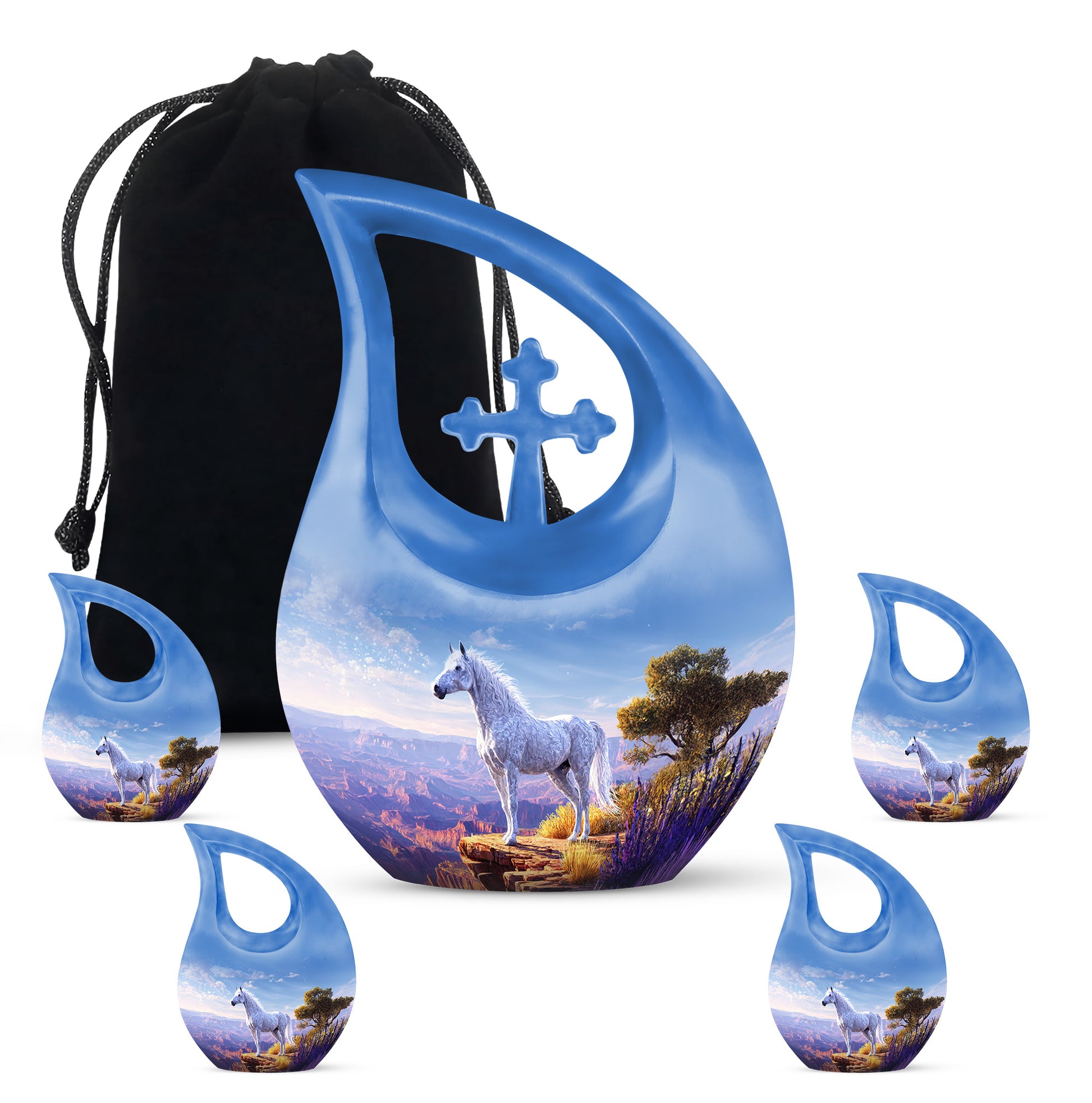 Sky Blue Horse Cremation Urn urn with complimentary velvet bag - sacred cross merged with horse motif on metal - memorial set with one large and four small urns