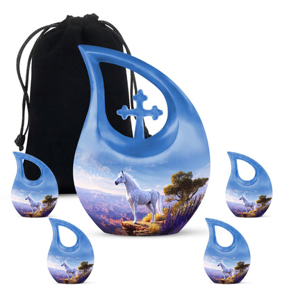 Sky Blue Horse Cremation Urn urn with complimentary velvet bag - sacred cross merged with horse motif on metal - memorial set with one large and four small urns