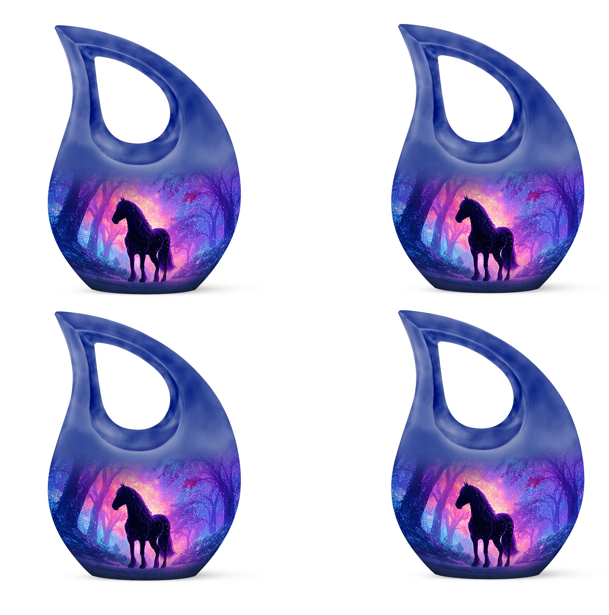 Cobalt Blue Horse Cremation Urn lifestyle display on memorial shelf - faith-inspired cross-drop urn with horse pattern - 10 inch aluminum urn for cremated remains