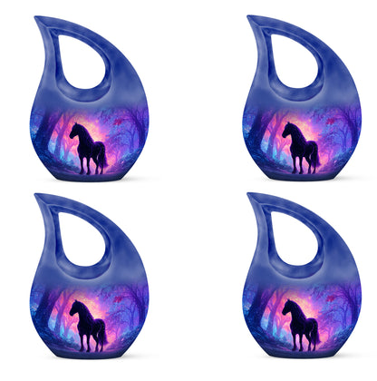 Cobalt Blue Horse Cremation Urn lifestyle display on memorial shelf - faith-inspired cross-drop urn with horse pattern - 10 inch aluminum urn for cremated remains