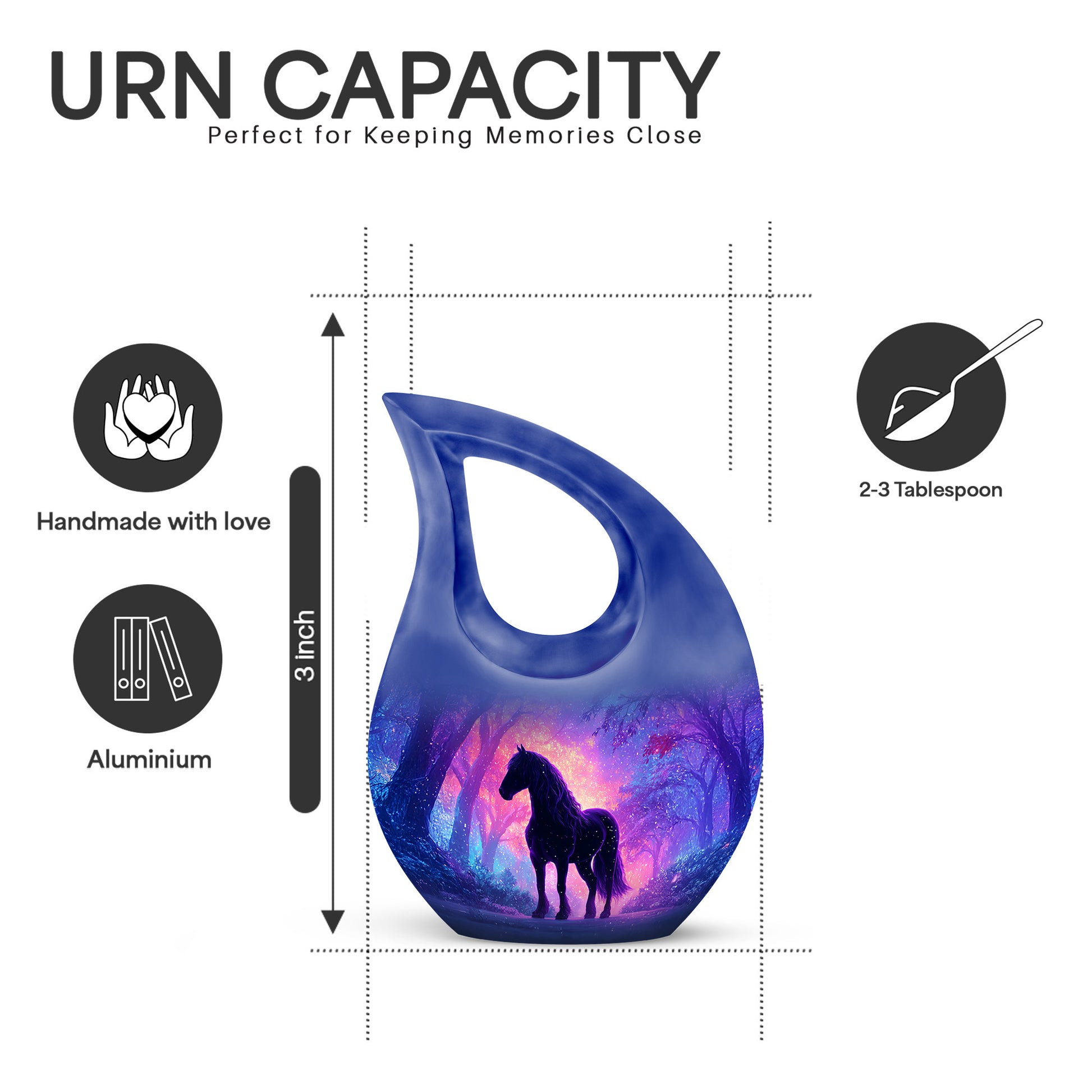 Bright Blue Horse Cremation Urn back view with polished surface - faith-inspired cross-drop urn with horse pattern - mini keepsake memorial for portion of cremation ashes