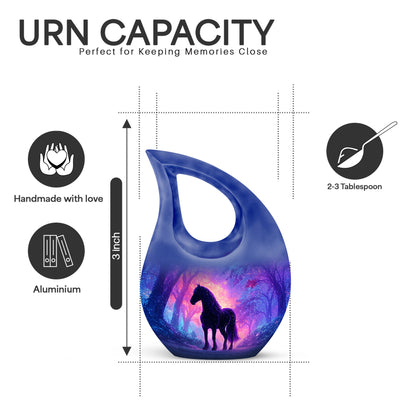 Bright Blue Horse Cremation Urn back view with polished surface - faith-inspired cross-drop urn with horse pattern - mini keepsake memorial for portion of cremation ashes