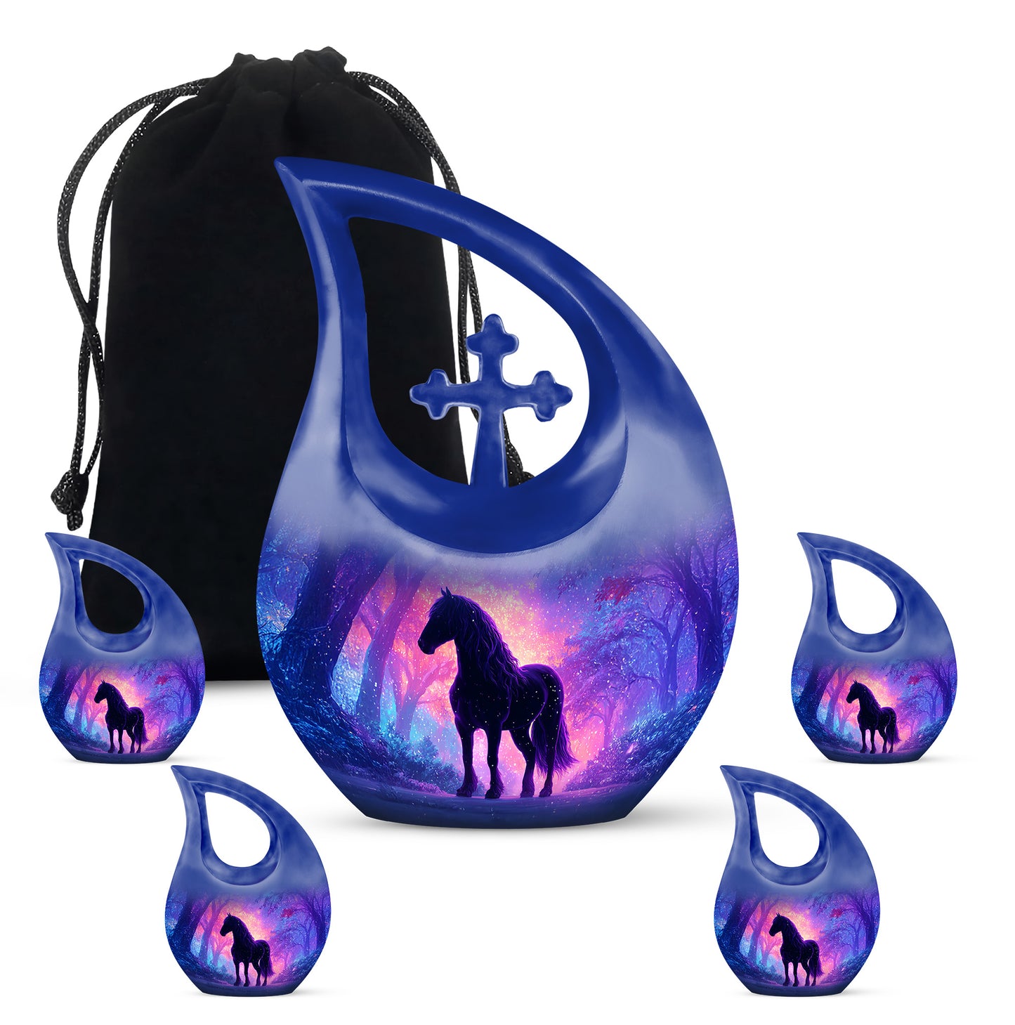 Icy Blue Horse Cremation Urn urn with complimentary velvet bag - cross and horse combined in spiritual memorial design - memorial set with one large and four small urns