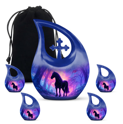 Icy Blue Horse Cremation Urn urn with complimentary velvet bag - cross and horse combined in spiritual memorial design - memorial set with one large and four small urns