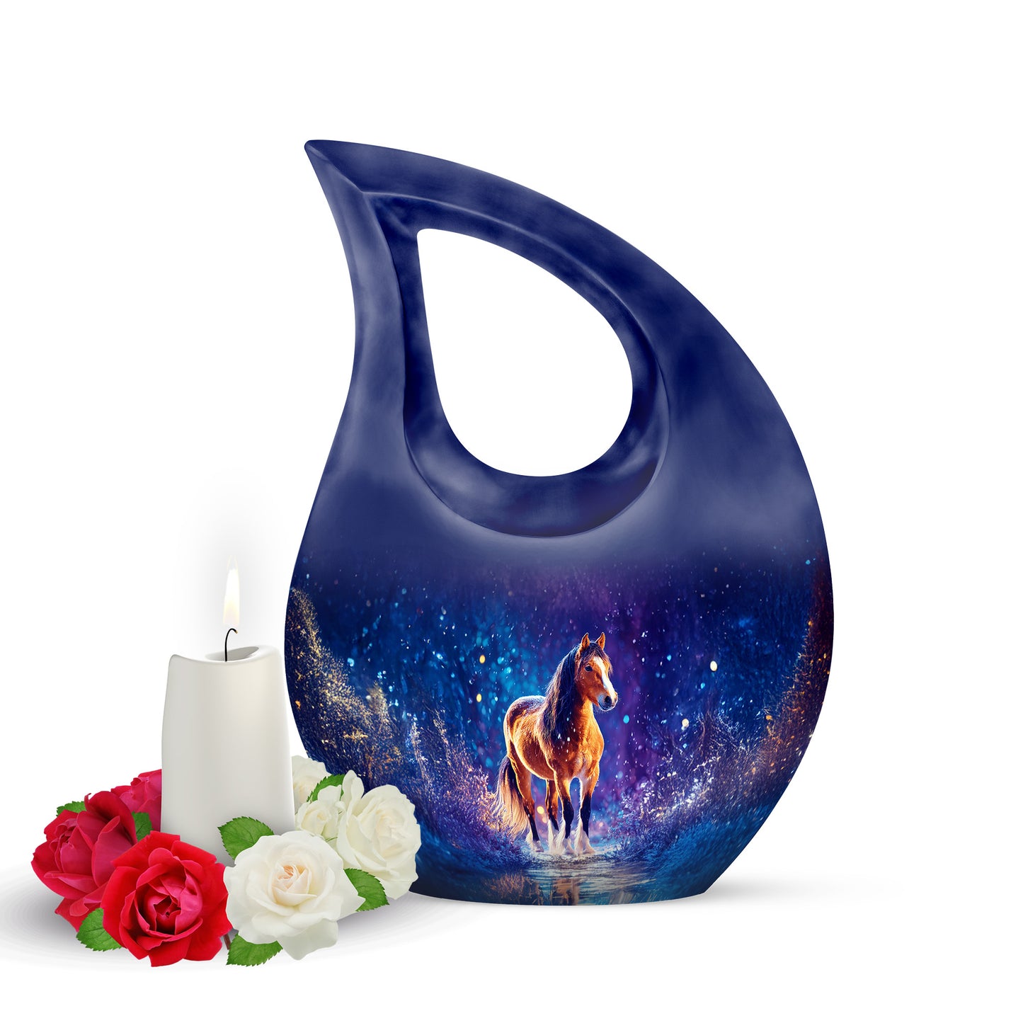 Personalized Blue Steadfast Horse Cremation Urns for Human Ashes - 10-inch, 200 cu in - Yatskia