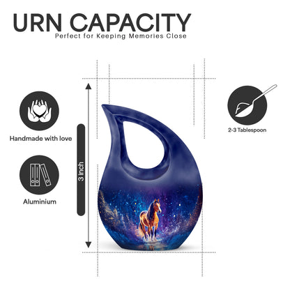 Celestial Blue Horse Cremation Urn back view with polished surface - cross and horse combined in spiritual memorial design - mini keepsake memorial for portion of cremation ashes