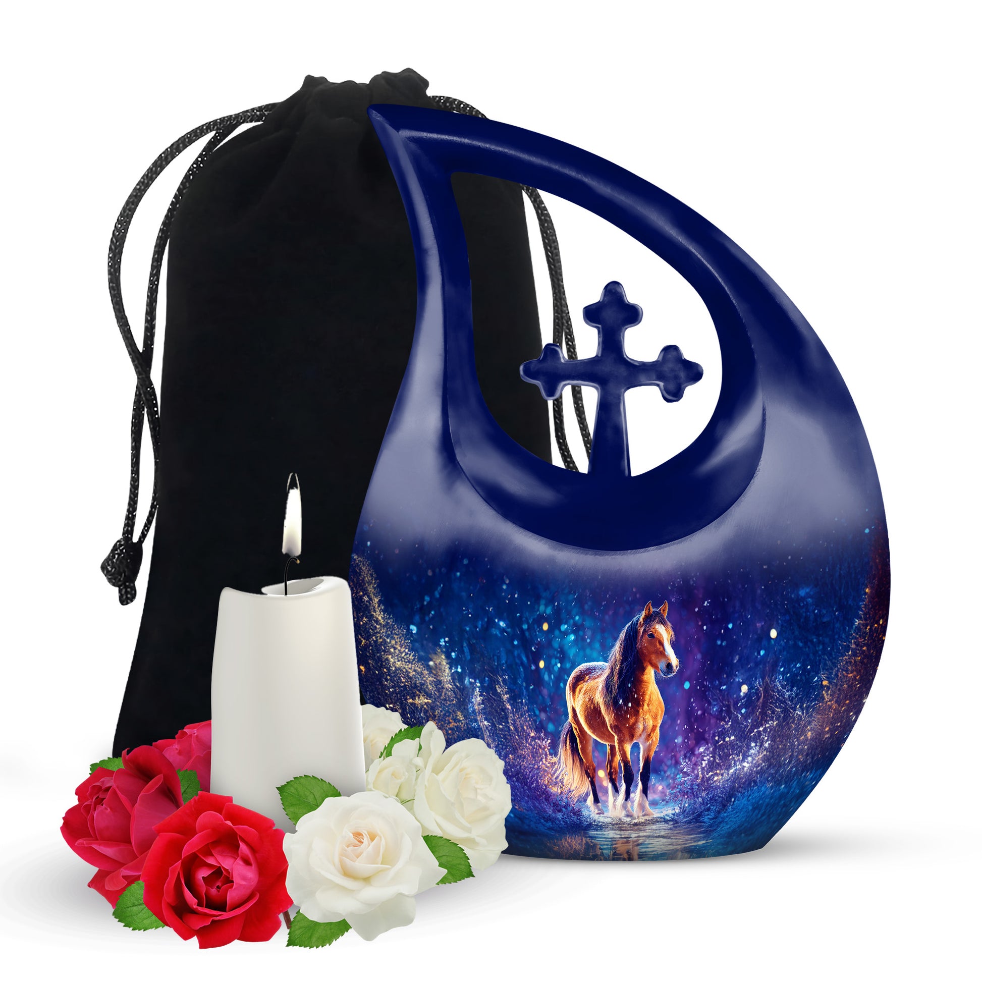Powder Blue Horse Cremation Urn top-down view of secure threaded lid - cross and horse combined in spiritual memorial design - full-size 10 inch 200 cubic inch adult cremation urn