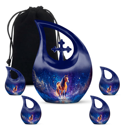 Sky Blue Horse Cremation Urn urn with complimentary velvet bag - sacred cross merged with horse motif on metal - memorial set with one large and four small urns