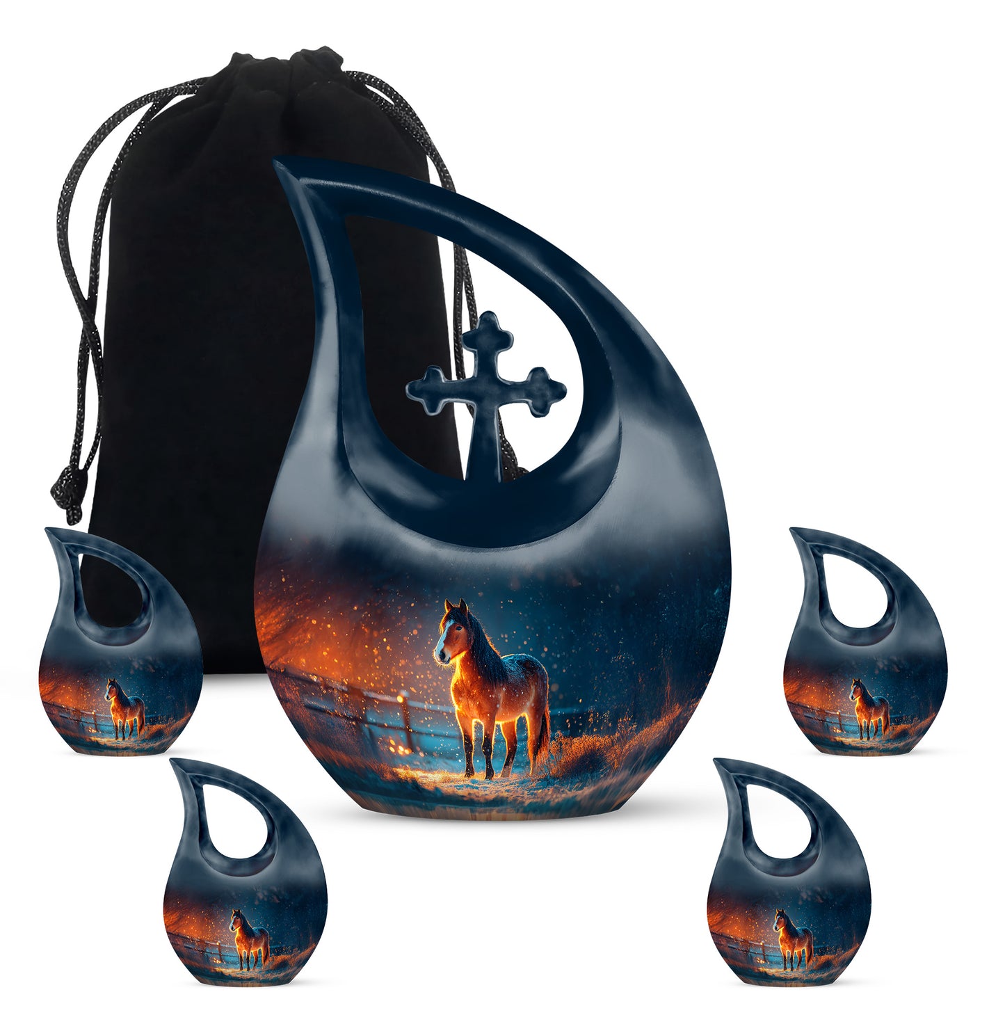 Slate Blue Horse Cremation Urn urn with complimentary velvet bag - cross and horse combined in spiritual memorial design - memorial set with one large and four small urns