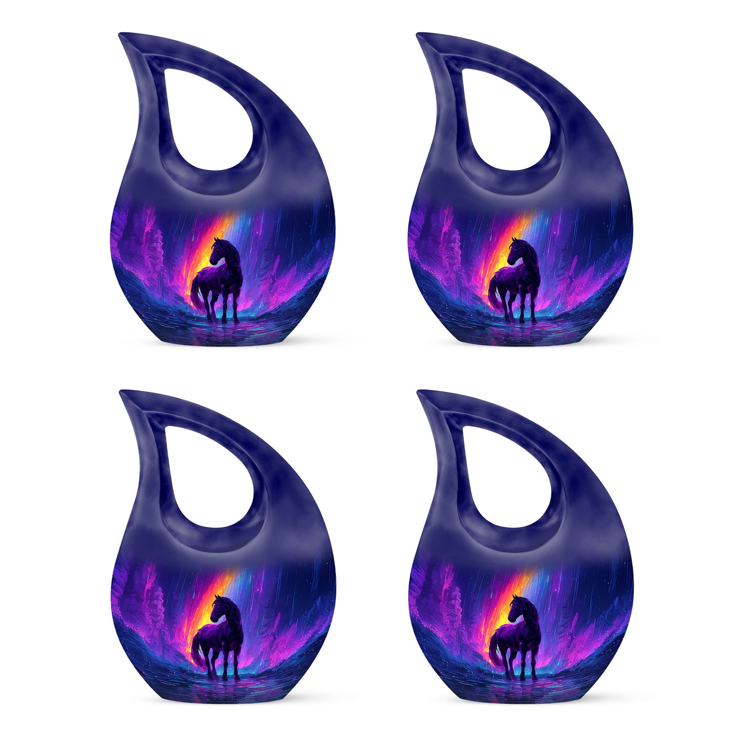 Cornflower Blue Horse Cremation Urn lifestyle display on memorial shelf - faith-inspired cross-drop urn with horse pattern - 10 inch aluminum urn for cremated remains