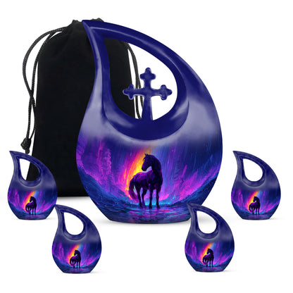 Cornflower Blue Horse Cremation Urn urn with complimentary velvet bag - devotional cross-drop horse engraving - memorial set with one large and four small urns
