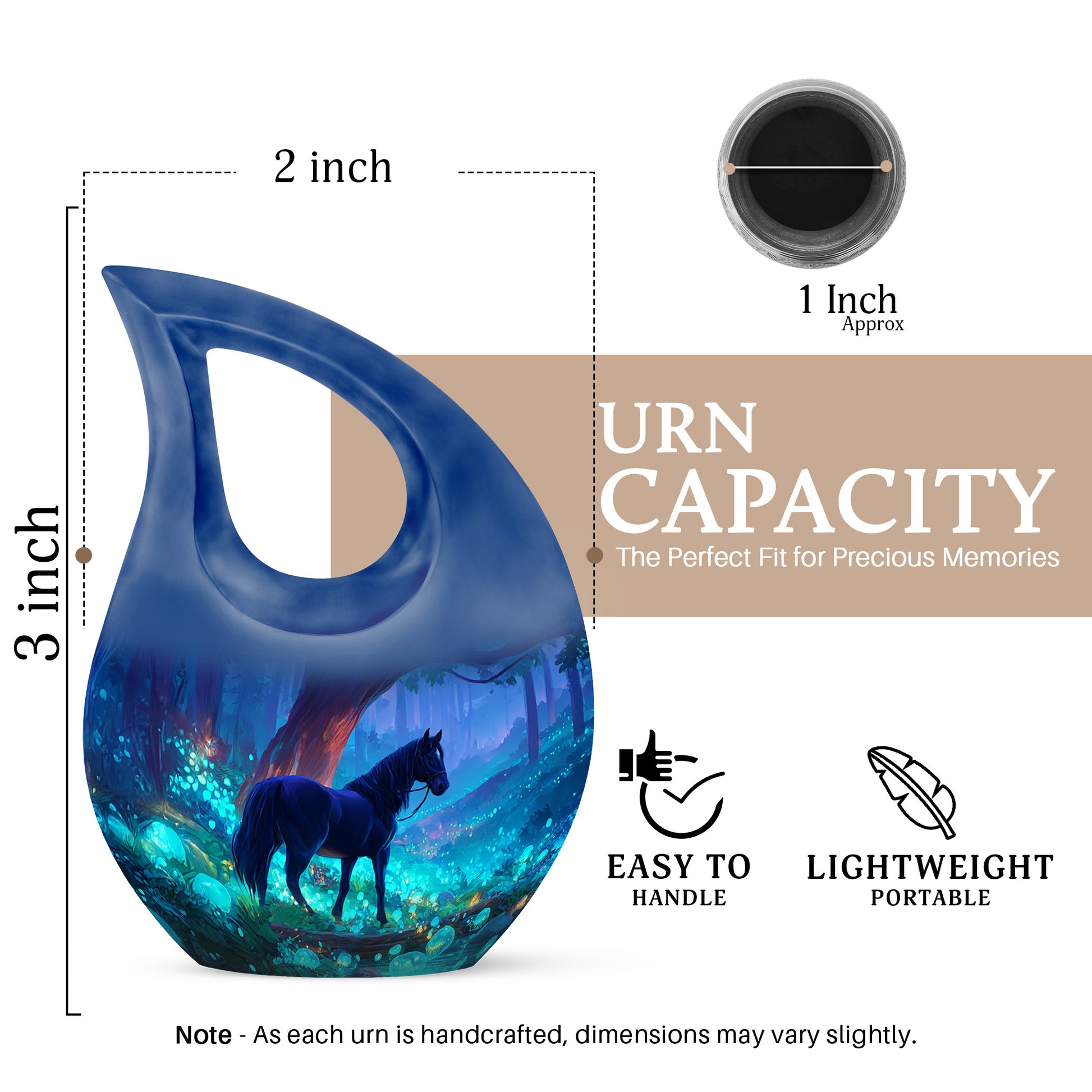 Sapphire Blue Horse Cremation Urn back view with polished surface - faith-inspired cross-drop urn with horse pattern - mini keepsake memorial for portion of cremation ashes