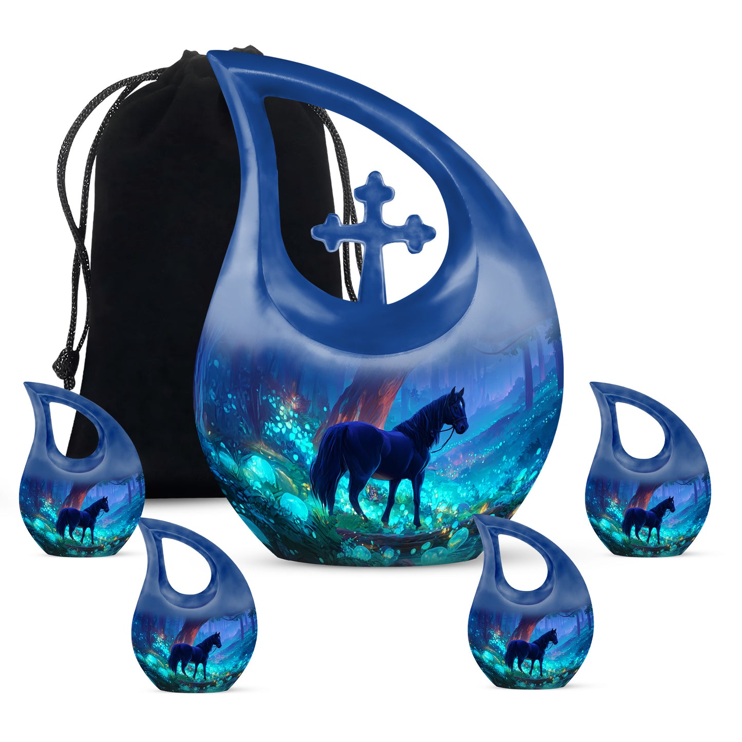Navy Blue Horse Cremation Urn urn with complimentary velvet bag - cross and horse combined in spiritual memorial design - memorial set with one large and four small urns