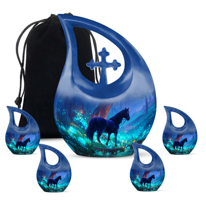 Navy Blue Horse Cremation Urn urn with complimentary velvet bag - cross and horse combined in spiritual memorial design - memorial set with one large and four small urns