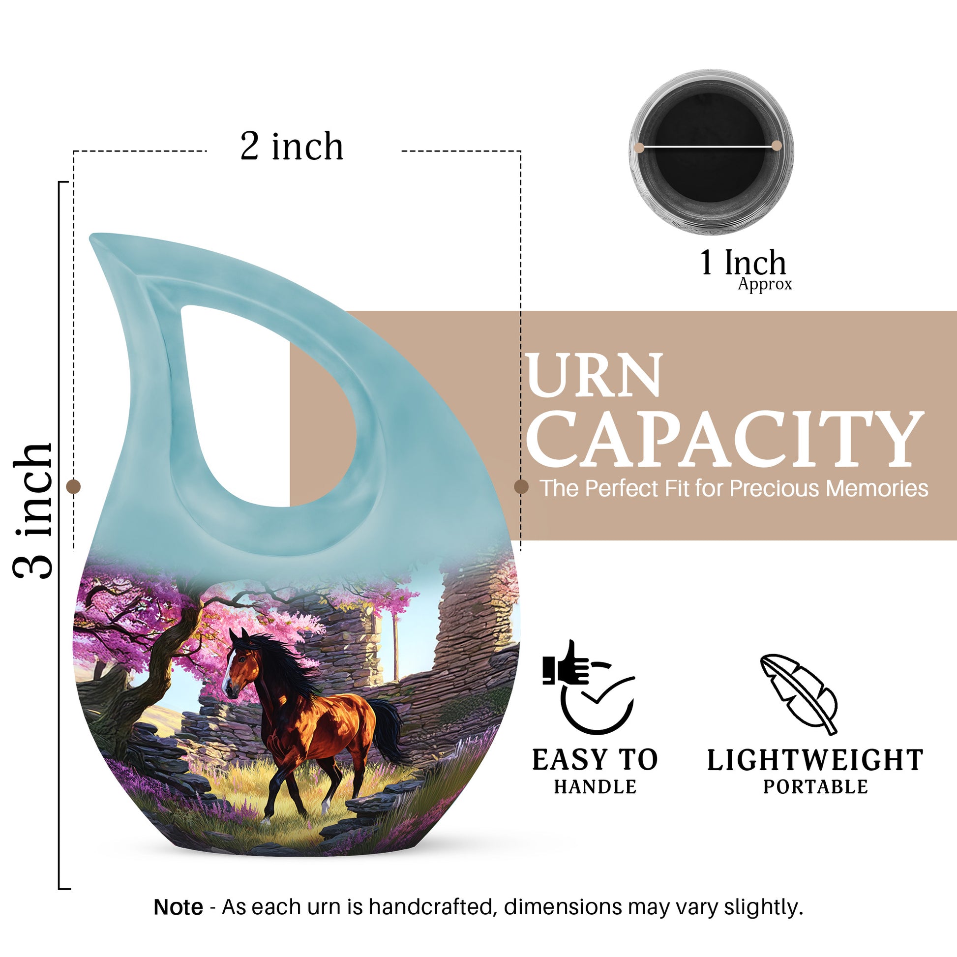 Peony Pink Horse Cremation Urn back view with polished surface - sacred cross merged with horse motif on metal - mini keepsake memorial for portion of cremation ashes