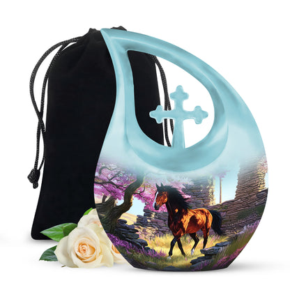 Peony Pink Horse Cremation Urn top-down view of secure threaded lid - cross and horse combined in spiritual memorial design - full-size 10 inch 200 cubic inch adult cremation urn