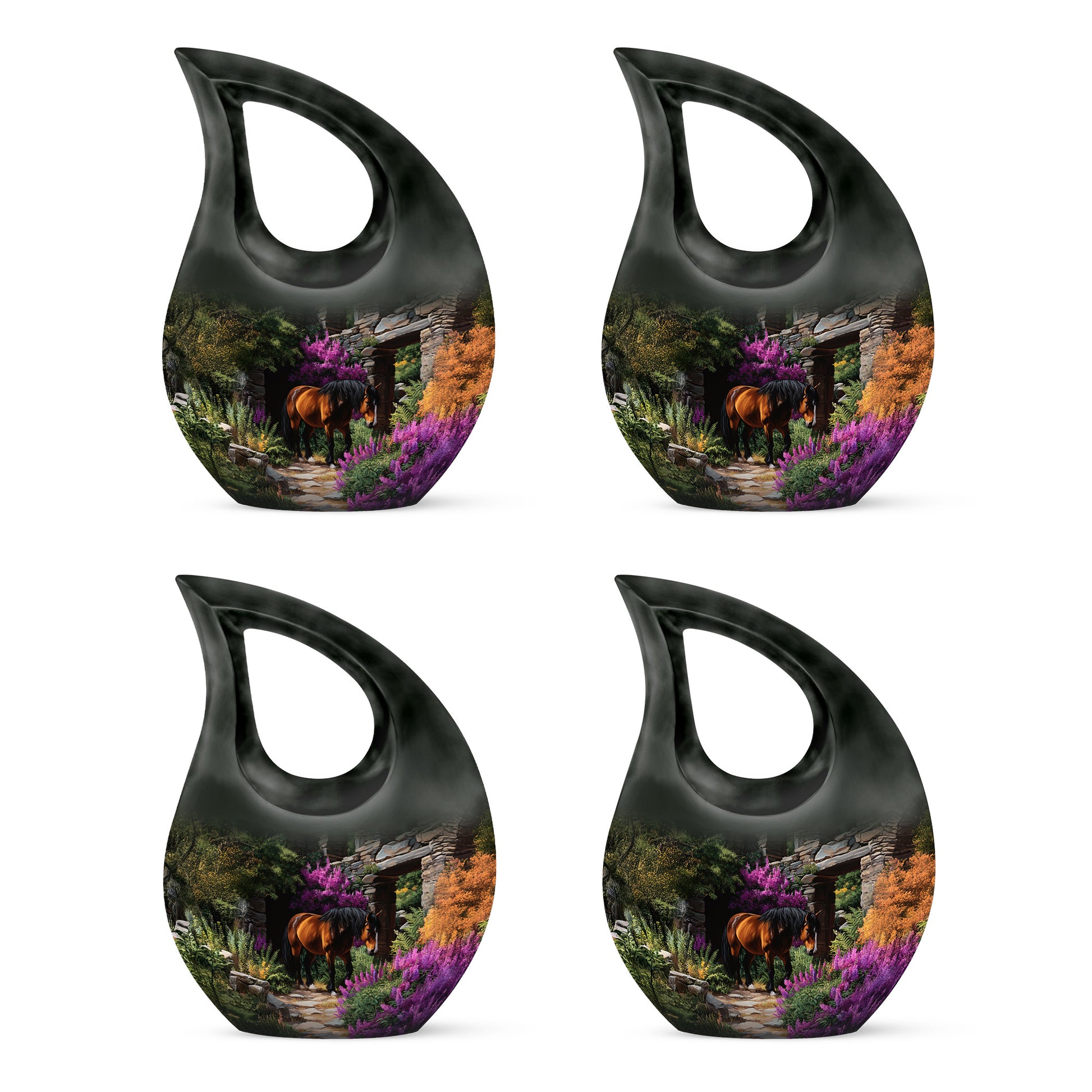 Deep Black Horse Cremation Urn lifestyle display on memorial shelf - cross and horse combined in spiritual memorial design - 10 inch aluminum urn for cremated remains