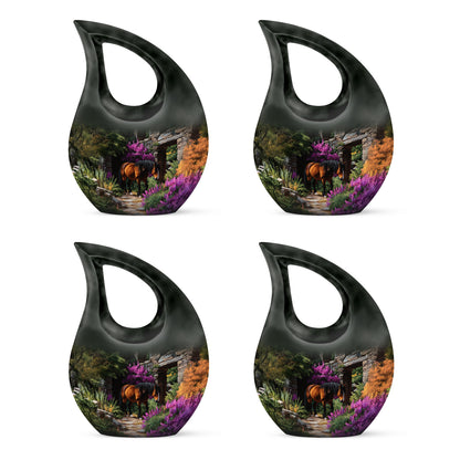 Deep Black Horse Cremation Urn lifestyle display on memorial shelf - cross and horse combined in spiritual memorial design - 10 inch aluminum urn for cremated remains