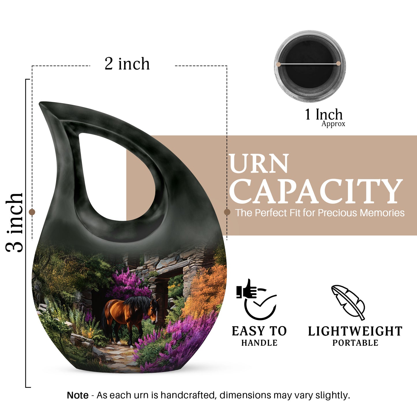 Glossy Black Horse Cremation Urn back view with polished surface - sacred cross merged with horse motif on metal - mini keepsake memorial for portion of cremation ashes