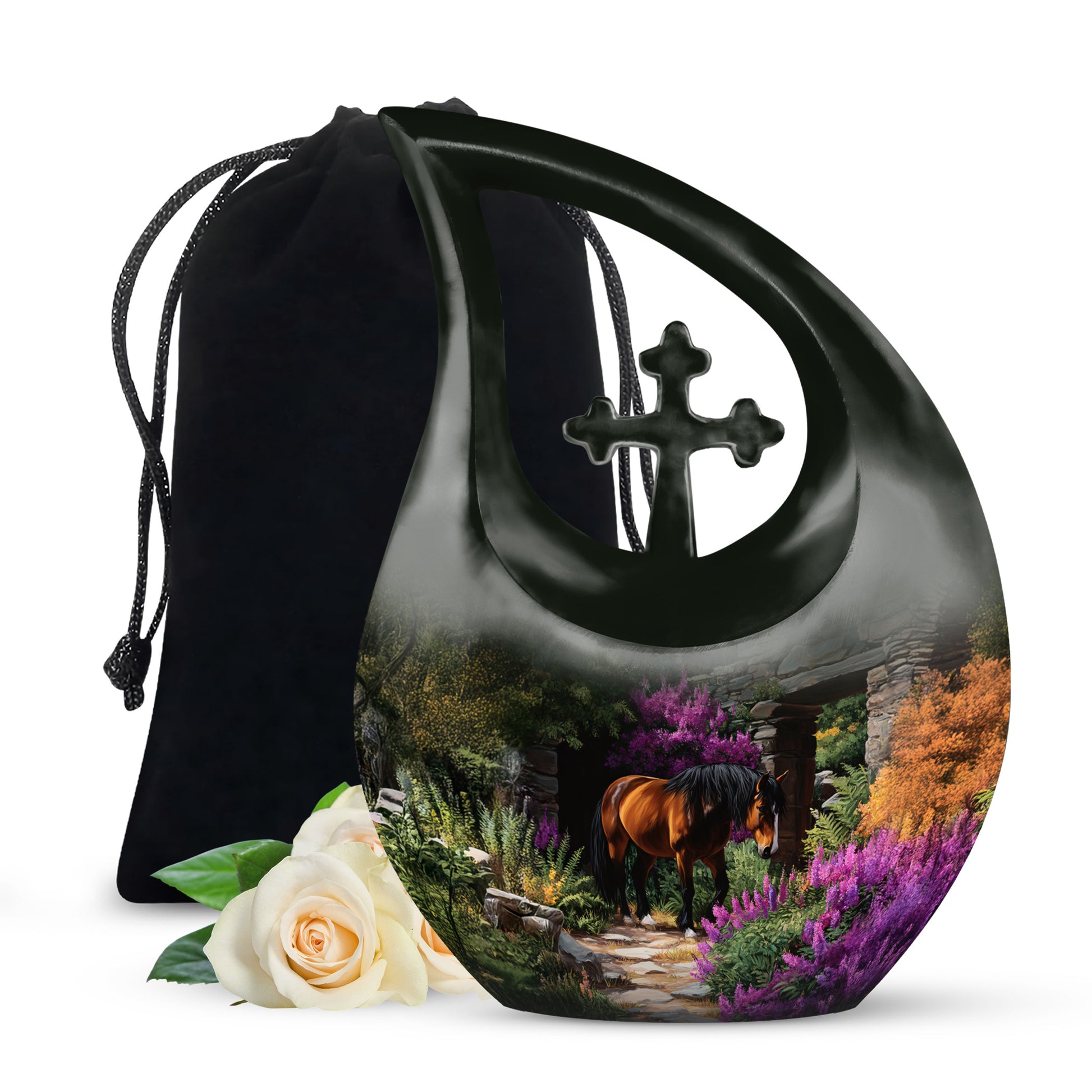 Midnight Black Horse Cremation Urn top-down view of secure threaded lid - faith-inspired cross-drop urn with horse pattern - full-size 10 inch 200 cubic inch adult cremation urn