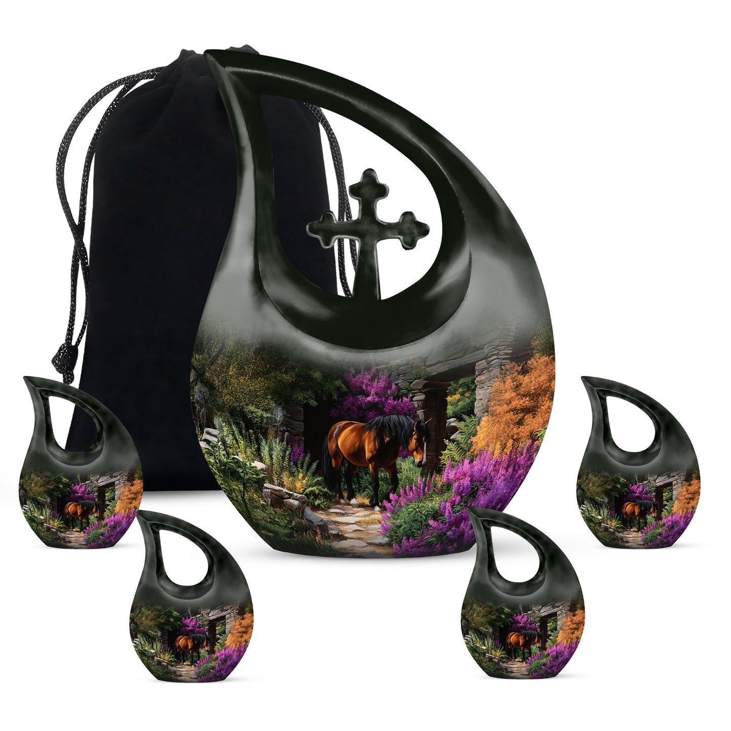 Deep Black Horse Cremation Urn urn with complimentary velvet bag - sacred cross merged with horse motif on metal - memorial set with one large and four small urns