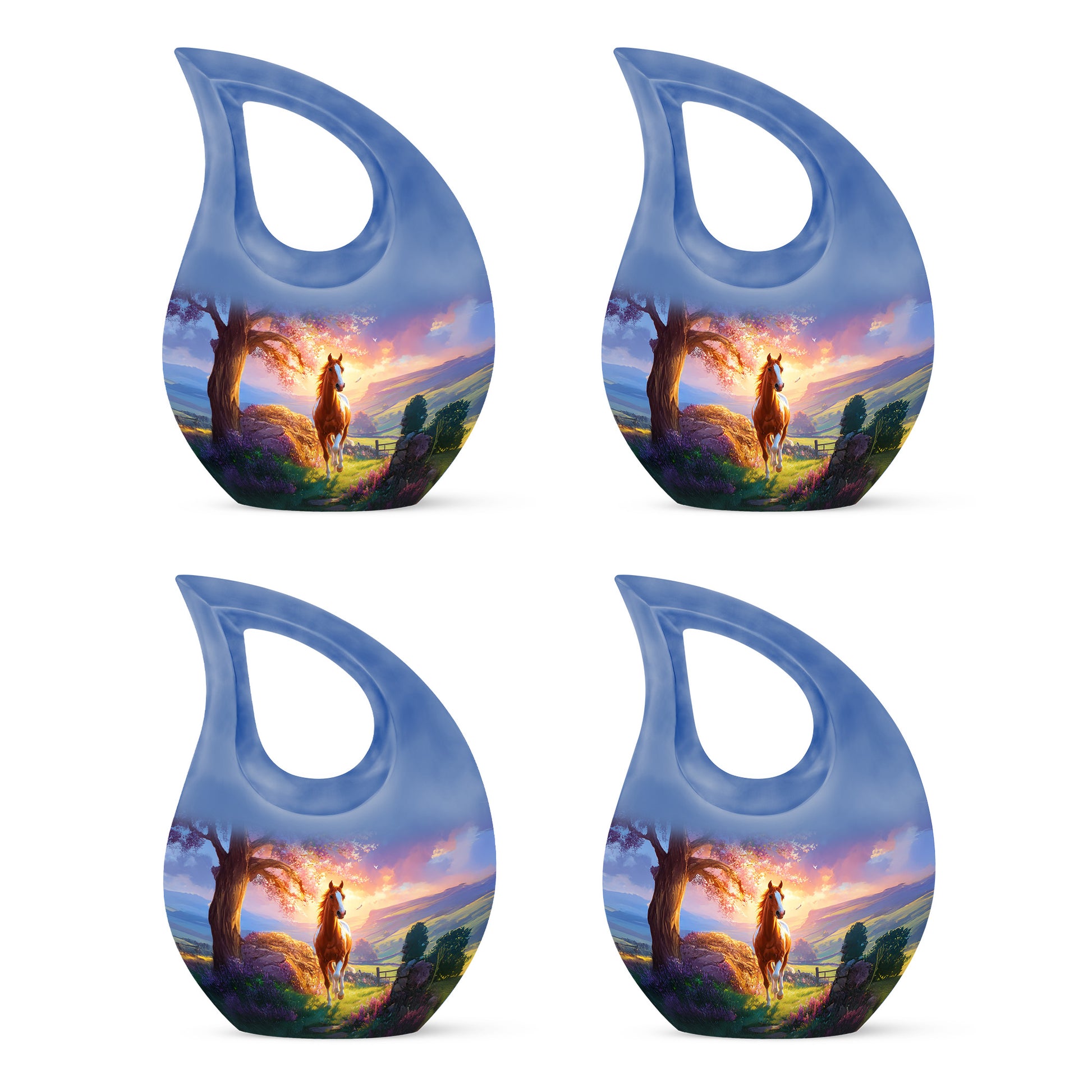 Cobalt Blue Horse Cremation Urn lifestyle display on memorial shelf - devotional cross-drop horse engraving - 10 inch aluminum urn for cremated remains