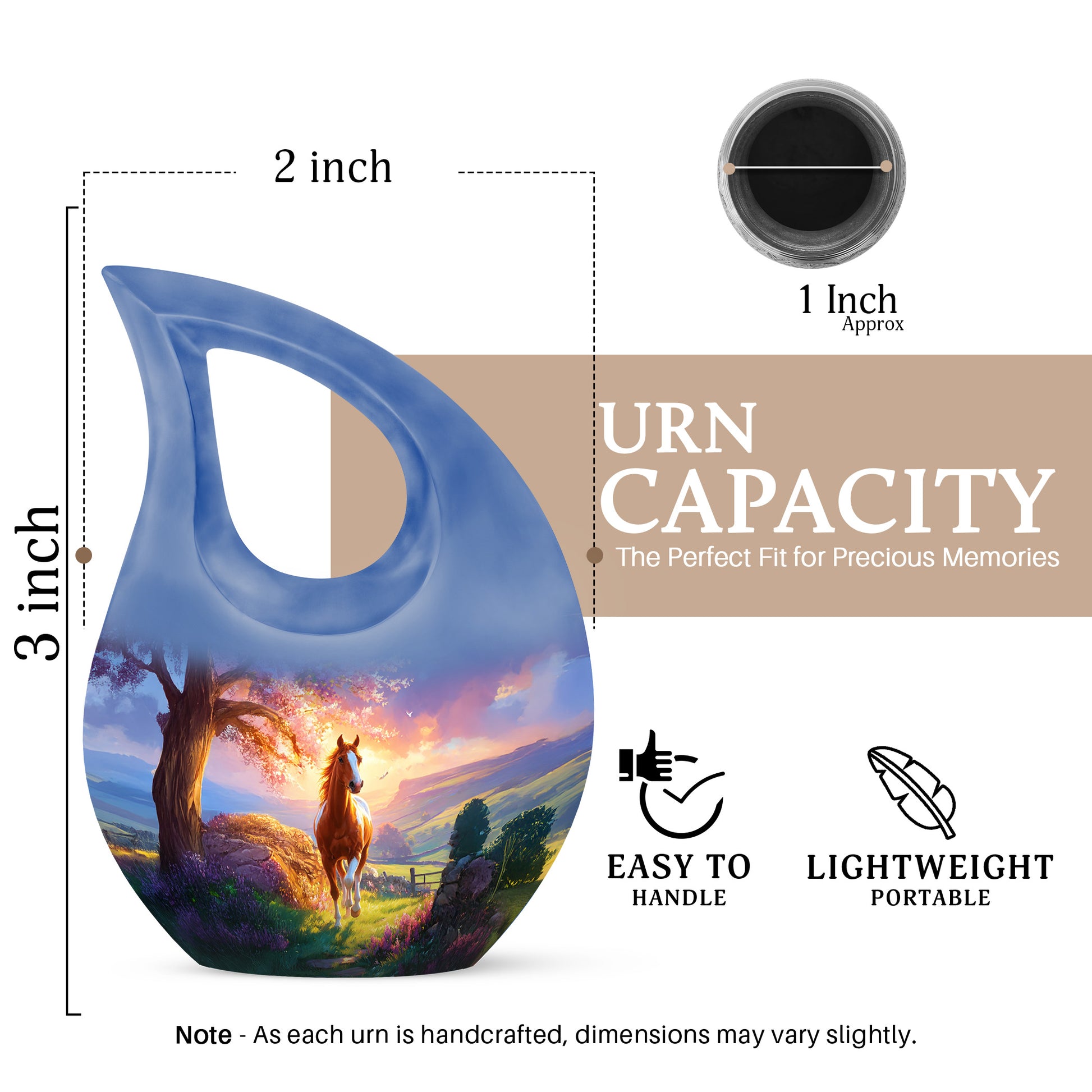 Slate Blue Horse Cremation Urn back view with polished surface - cross and horse combined in spiritual memorial design - mini keepsake memorial for portion of cremation ashes