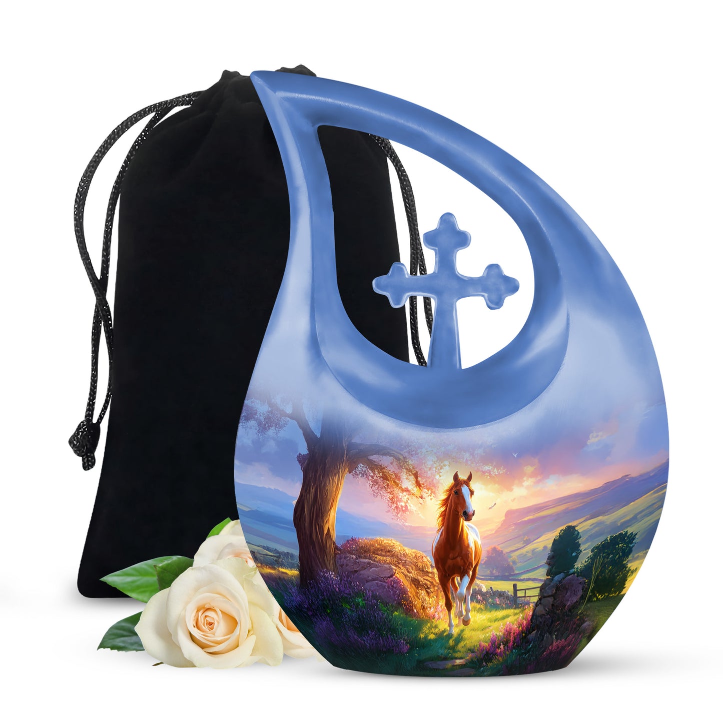 Vivid Blue Horse Cremation Urn top-down view of secure threaded lid - devotional cross-drop horse engraving - full-size 10 inch 200 cubic inch adult cremation urn
