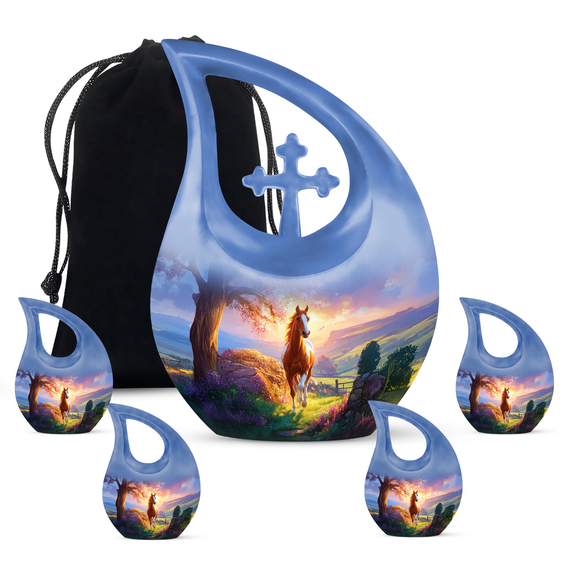 Vivid Blue Horse Cremation Urn urn with complimentary velvet bag - faith-inspired cross-drop urn with horse pattern - memorial set with one large and four small urns