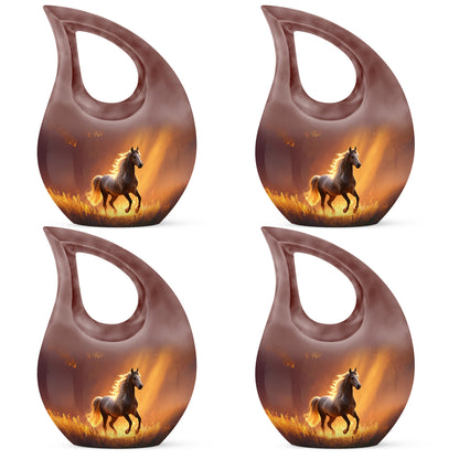 Garnet Red Horse Cremation Urn lifestyle display on memorial shelf - sacred cross merged with horse motif on metal - 10 inch aluminum urn for cremated remains