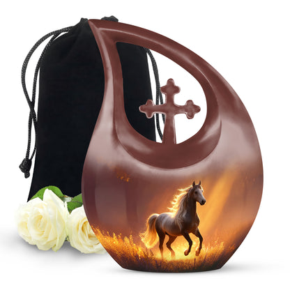 Burgundy Red Horse Cremation Urn top-down view of secure threaded lid - sacred cross merged with horse motif on metal - full-size 10 inch 200 cubic inch adult cremation urn