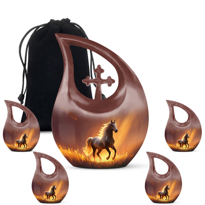 Scarlet Red Horse Cremation Urn urn with complimentary velvet bag - faith-inspired cross-drop urn with horse pattern - memorial set with one large and four small urns