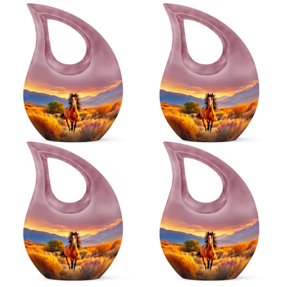 Fiery Red Horse Cremation Urn lifestyle display on memorial shelf - faith-inspired cross-drop urn with horse pattern - 10 inch aluminum urn for cremated remains