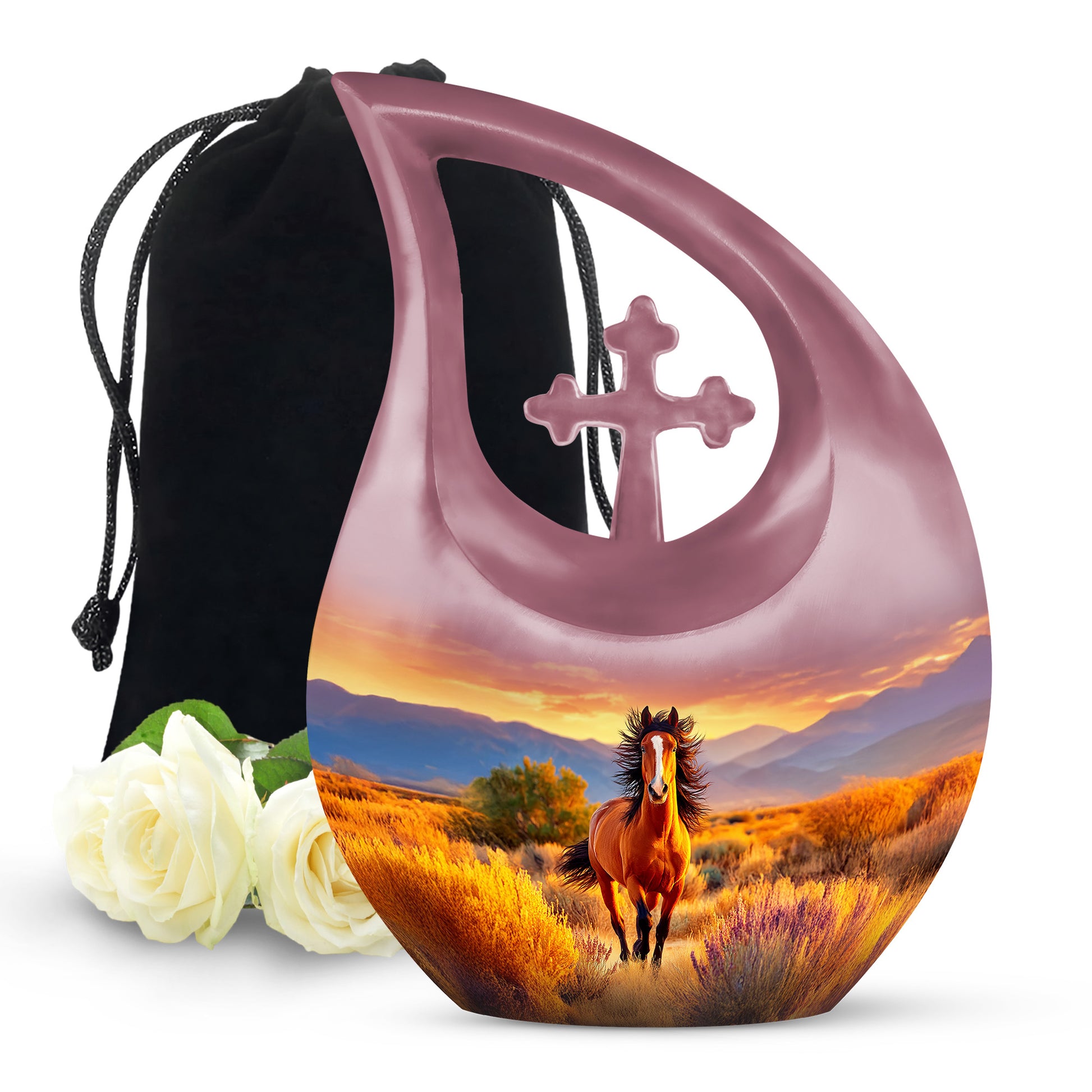 Crimson Red Horse Cremation Urn top-down view of secure threaded lid - sacred cross merged with horse motif on metal - full-size 10 inch 200 cubic inch adult cremation urn