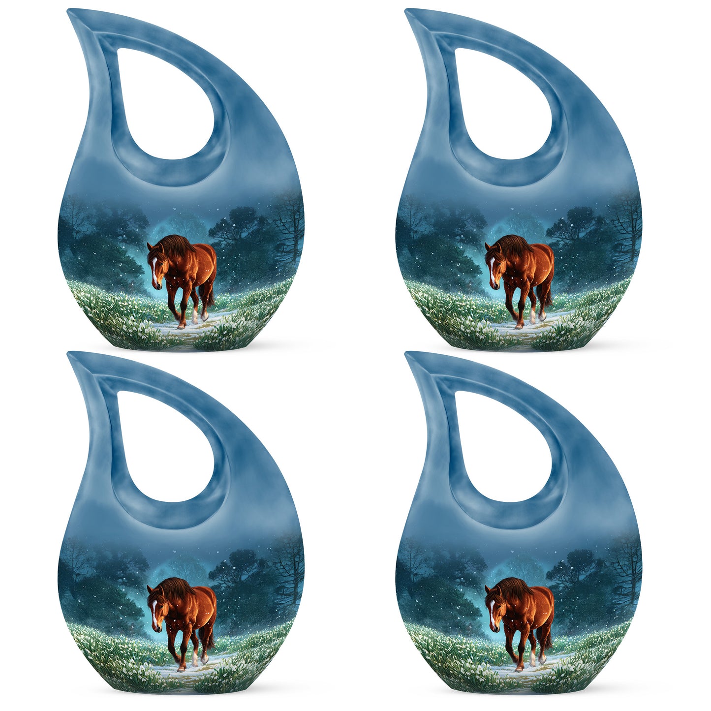 Sky Blue Horse Cremation Urn lifestyle display on memorial shelf - sacred cross merged with horse motif on metal - 10 inch aluminum urn for cremated remains