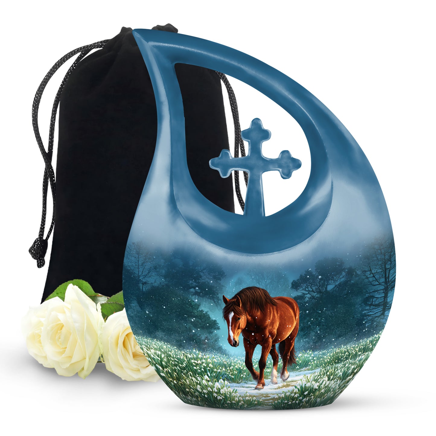 Calming Blue Horse Cremation Urn top-down view of secure threaded lid - faith-inspired cross-drop urn with horse pattern - full-size 10 inch 200 cubic inch adult cremation urn