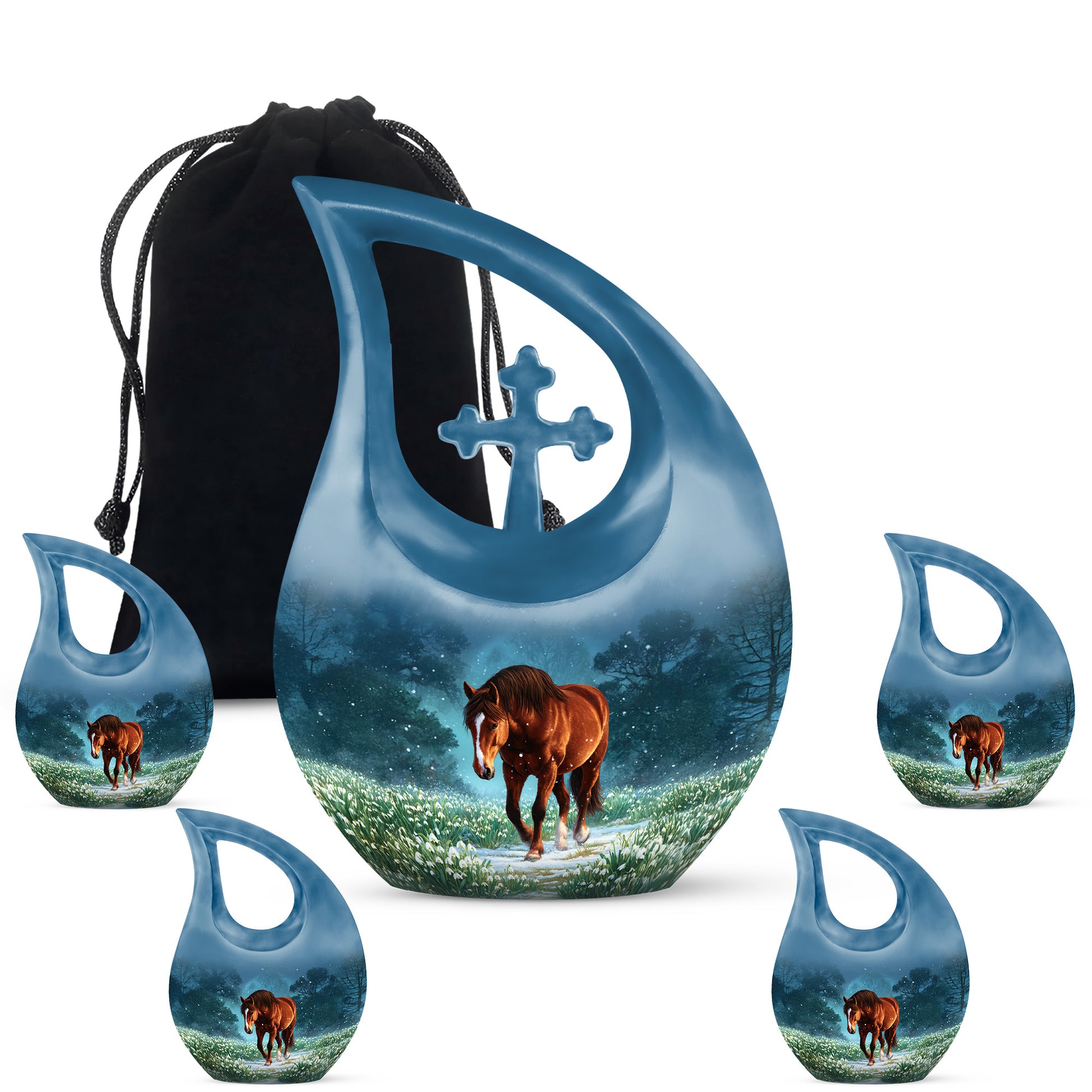 Slate Blue Horse Cremation Urn urn with complimentary velvet bag - sacred cross merged with horse motif on metal - memorial set with one large and four small urns