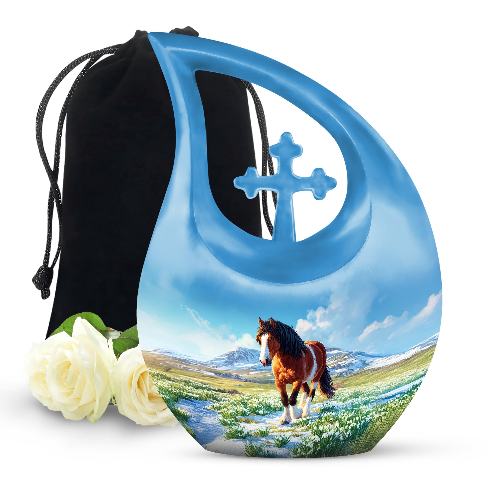 Burnished Gold Horse Cremation Urn top-down view of secure threaded lid - faith-inspired cross-drop urn with horse pattern - full-size 10 inch 200 cubic inch adult cremation urn