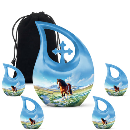 Warm Gold Horse Cremation Urn urn with complimentary velvet bag - devotional cross-drop horse engraving - memorial set with one large and four small urns
